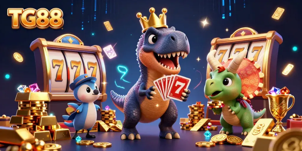 Engage with TG88 through an illustrated scene featuring a T-Rex, pterodactyl, and triceratops amidst gold riches and slot game elements.