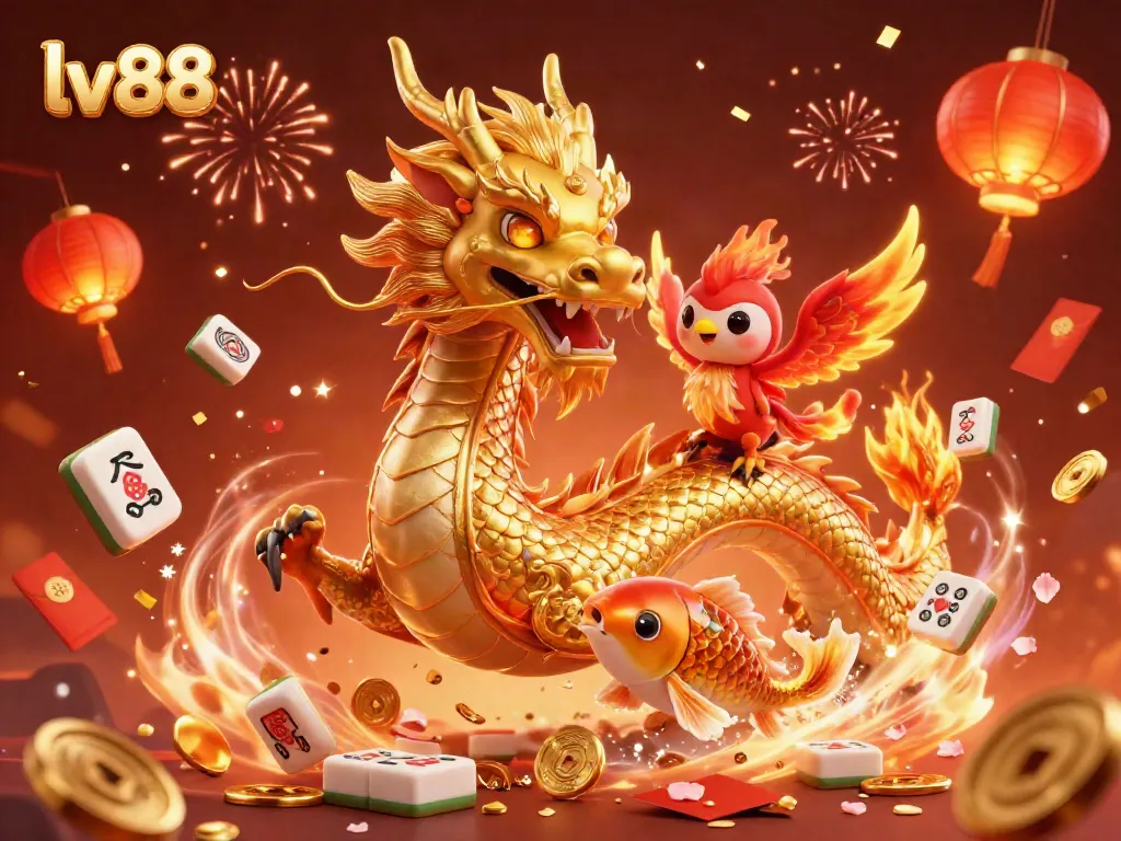 Experience exhilarating gaming at lv88, showcasing a vibrant scene with a golden dragon and charming phoenix.