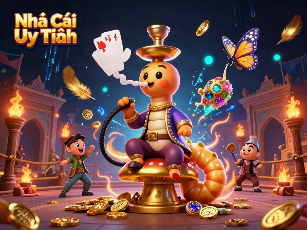 Engage with the vibrant world of Nhà Cái Uy Tín featuring a caterpillar hookah-master amidst dynamic casino elements.