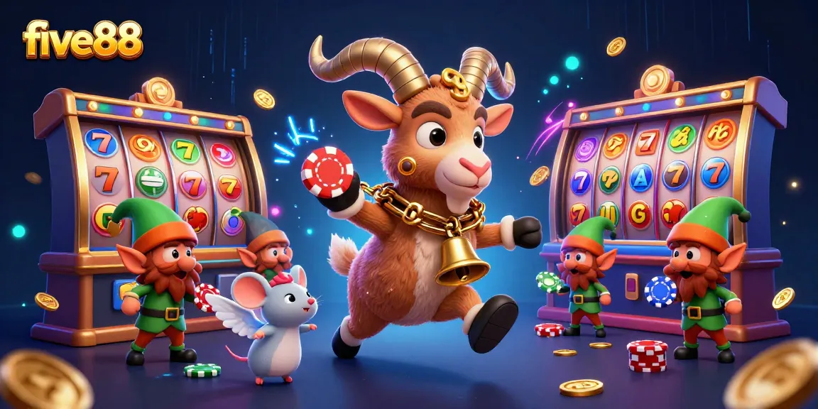 five88 casino scene with Krampus goat, angel mouse, and gremlins engaging in festive gaming chaos