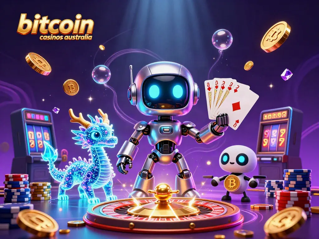 Experience the excitement of bitcoin casinos Australia with a dynamic 3D casino scene featuring colorful characters and game elements.