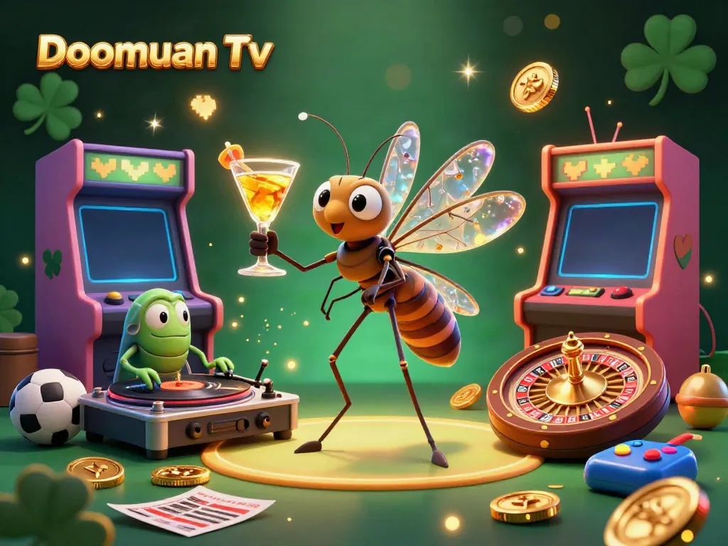 Doomuan Tv captivates as a lively 3D casino scene, featuring a mosquito mascot, trilobite DJ, and a golden roulette wheel.