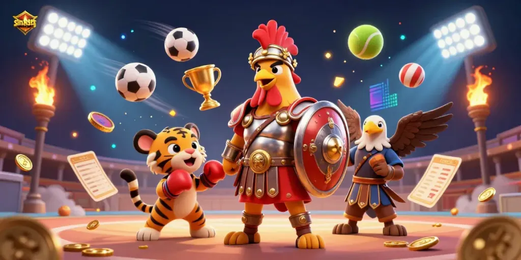 Experience thrilling action at sin88tg featuring a gladiator rooster, a sparring cub, and dynamic sports elements.