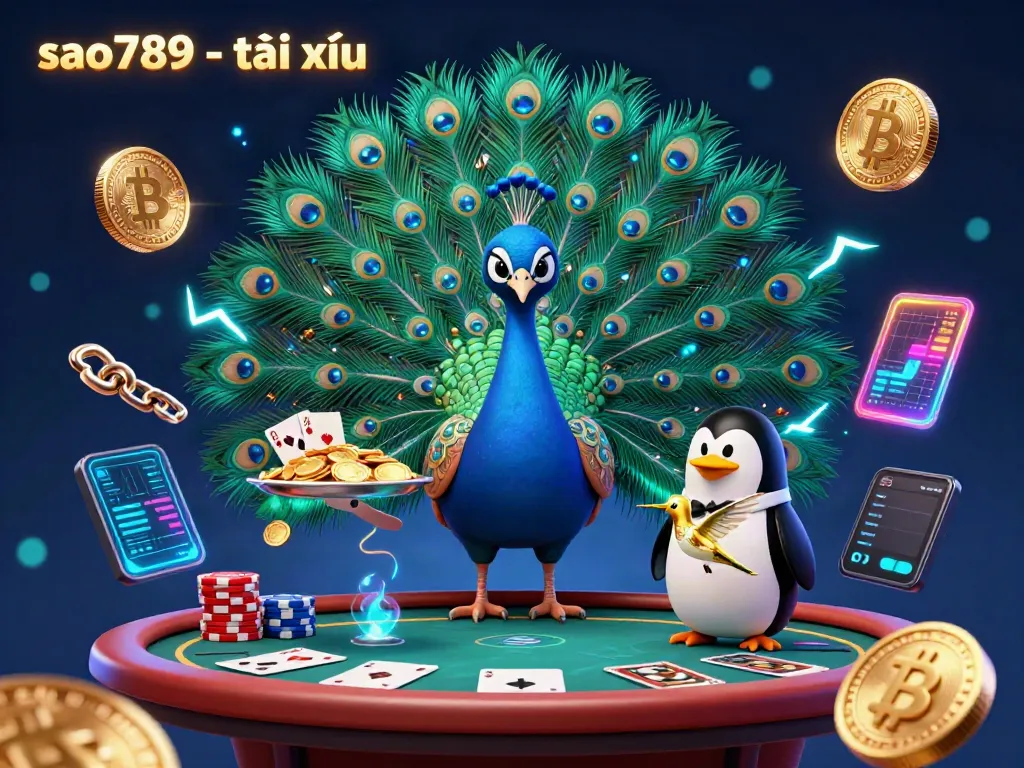 Experience the excitement of sao789 - tài xỉu with an illustration featuring a peacock, penguin, and hummingbird engaged in dazzling casino action.