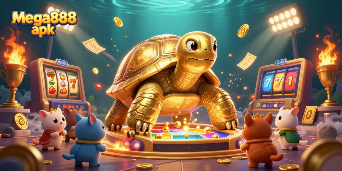 Experience winning with mega888 apk, a vibrant illustration of a playful tortoise pinball casino scene.