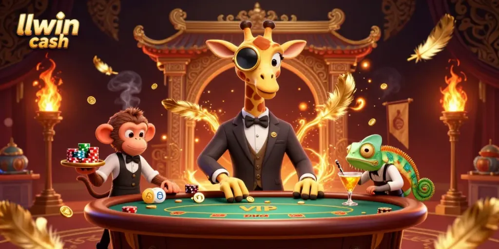 Win big at LLWIN cash casino with an enchanting 3D illustration featuring a high-roller giraffe.