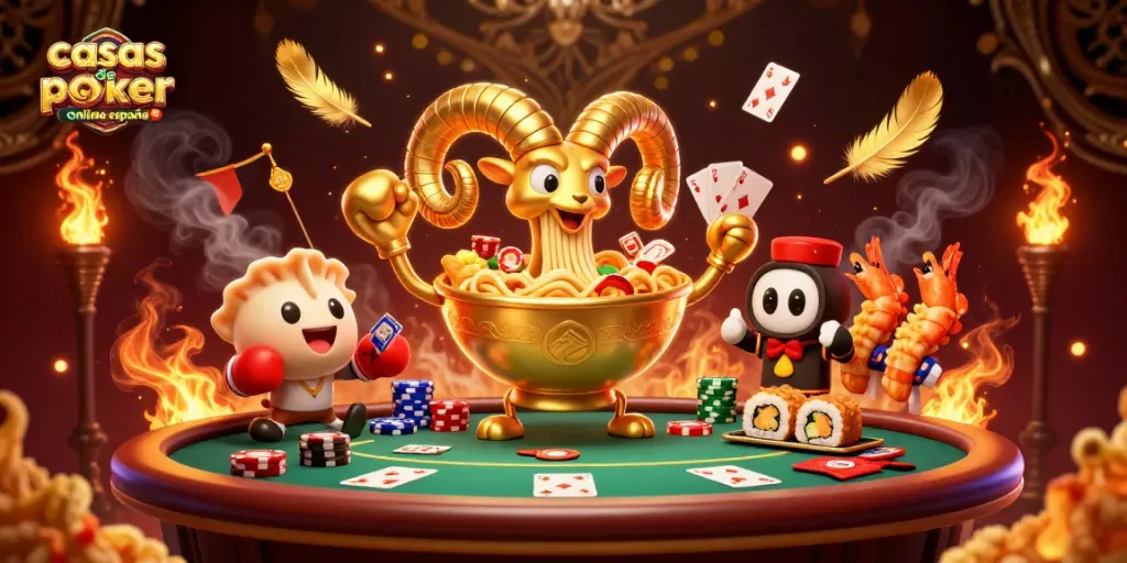 Juega en las casas de poker online España con una escena vibrante llena de personajes divertidos y elementos de juego.