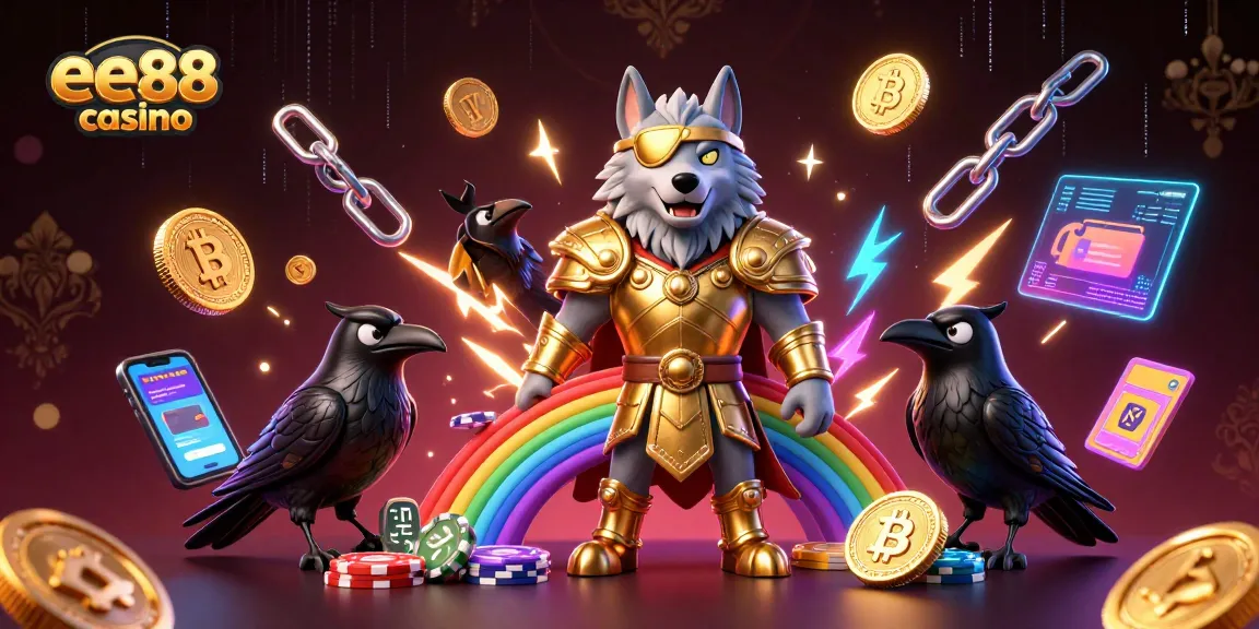 Play exciting games at ee88 casino with a vibrant illustration of Norse mythology characters and crypto elements.
