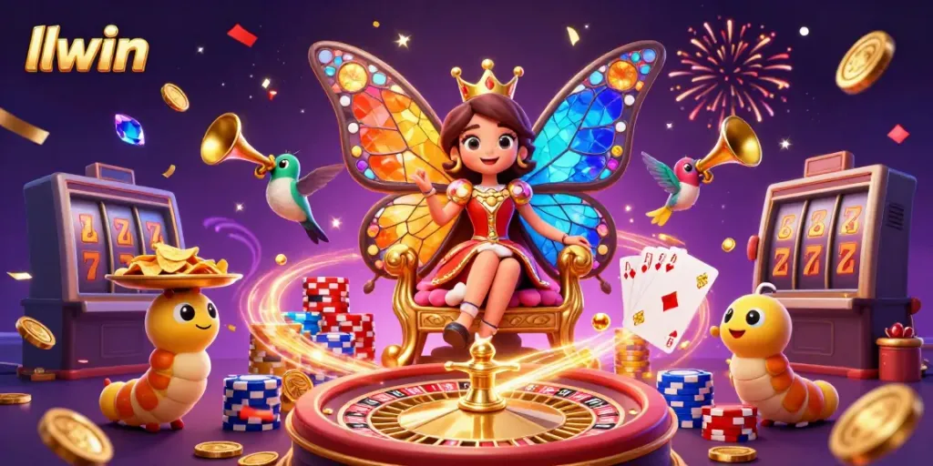 Experience gaming excitement with llwin as a dazzling butterfly queen presides over a vibrant casino scene.