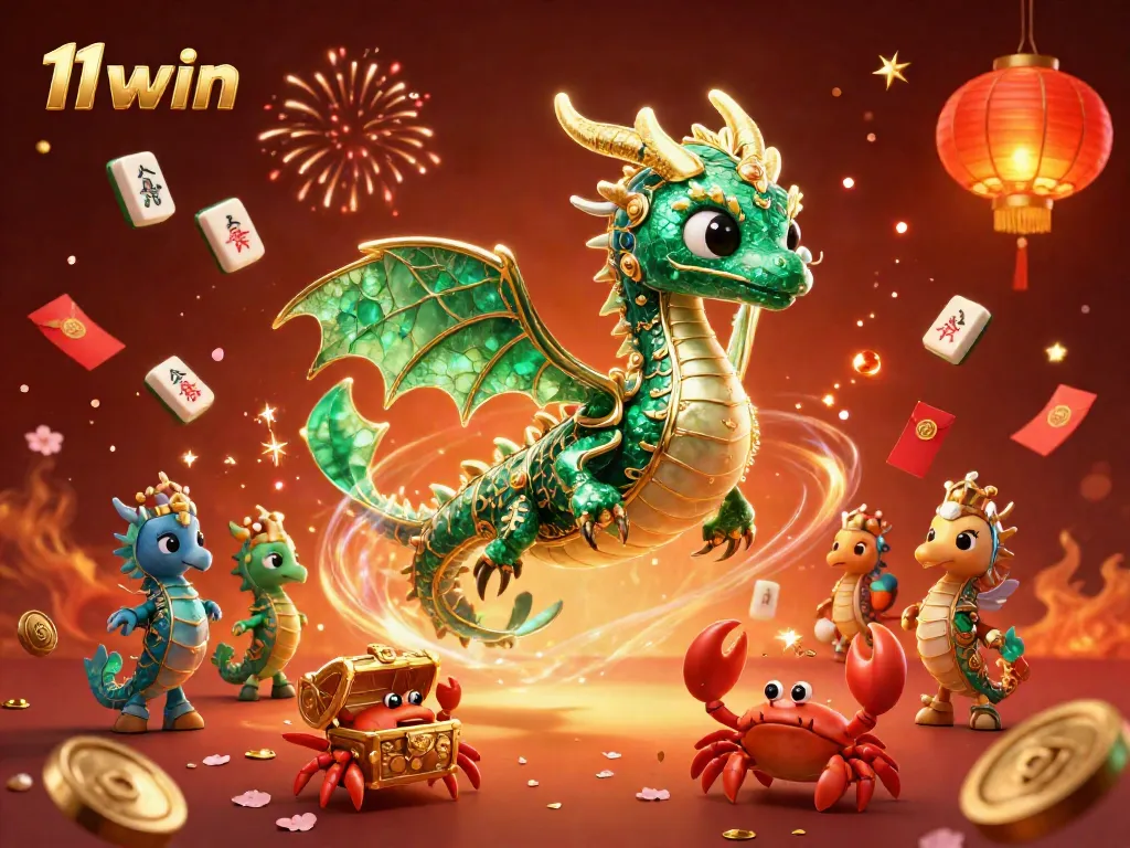 Spin and win at 11win with a vibrant 3D illustration of a sea dragon and treasures.