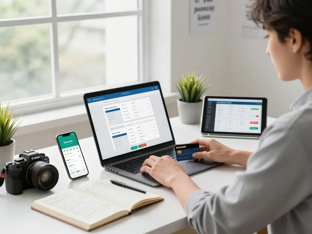 Ezzocard in a modern workspace, showcasing virtual prepaid card management on laptop with digital devices and financial analytics.