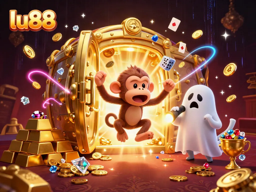 Experience thrilling gaming at lu88 with a ghostly monkey juggling treasures in a haunted casino.