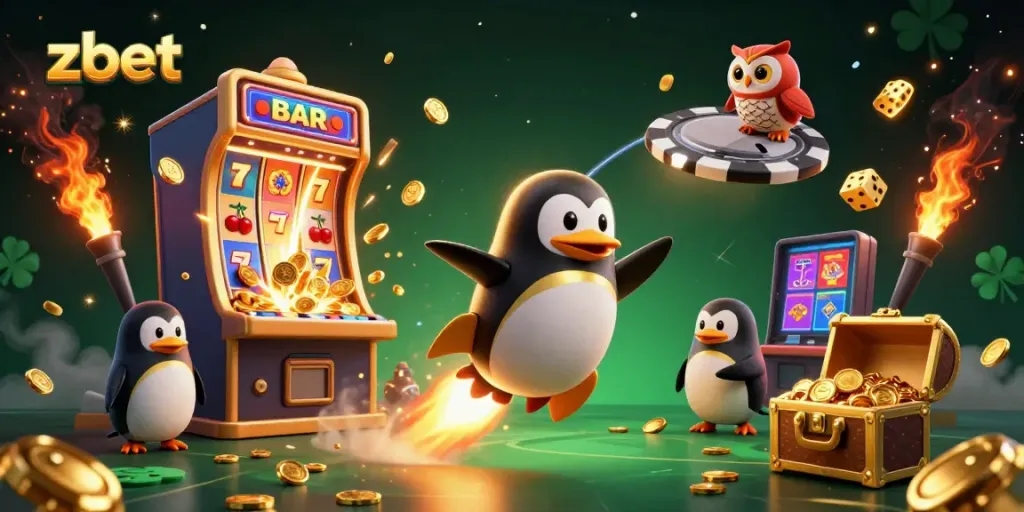 Experience zbet excitement with a golden penguin launching toward a casino, surrounded by slot machines and gold coins.