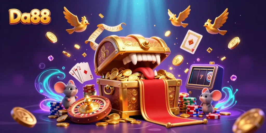 Experience thrilling gameplay and glittering wins at Da88, featuring treasure chest and casino elements.