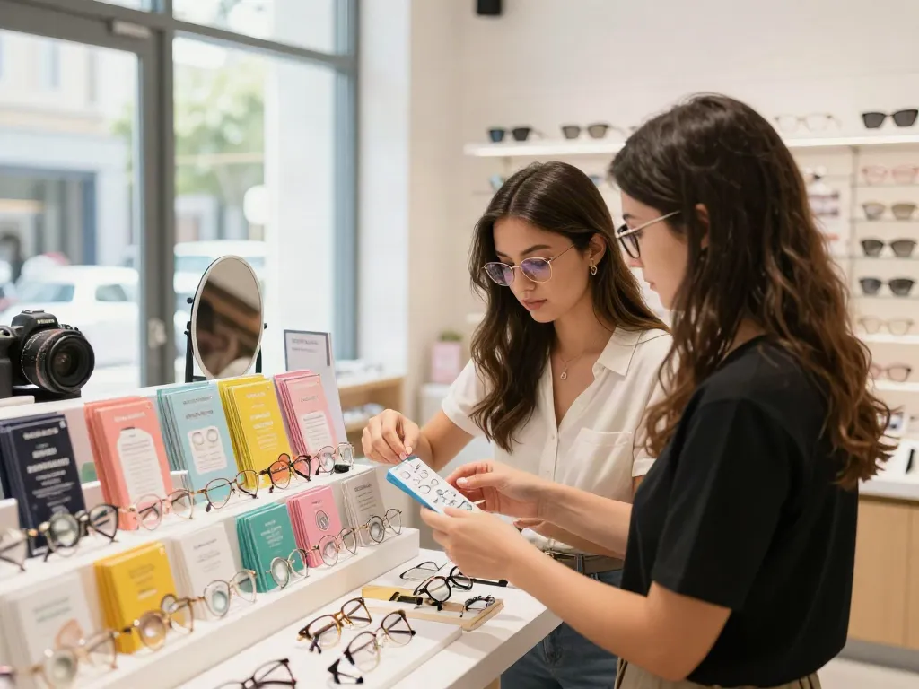 Engaging eyewear boutique display featuring lentes de contato com grau in colorful packaging, with staff assisting customers.