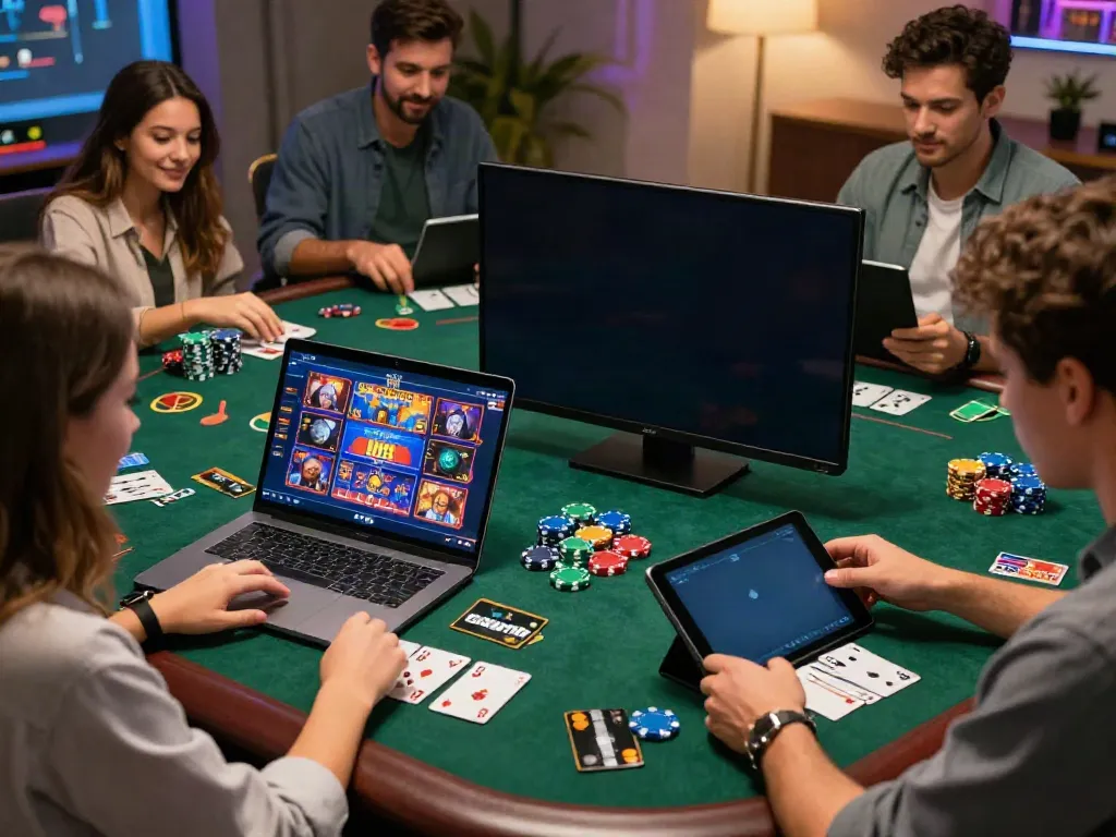 Players enjoying online casinos that accept credit cards, engaging with laptop and tablet in a cozy setting.