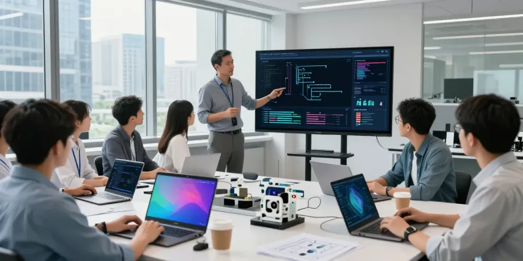 Team collaborating on Enterprise AI projects in a modern lab.