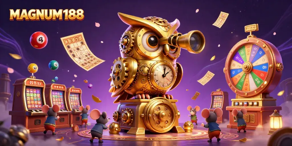 Experience the thrilling MAGNUM188 casino with colorful lottery balls and a unique golden owl.