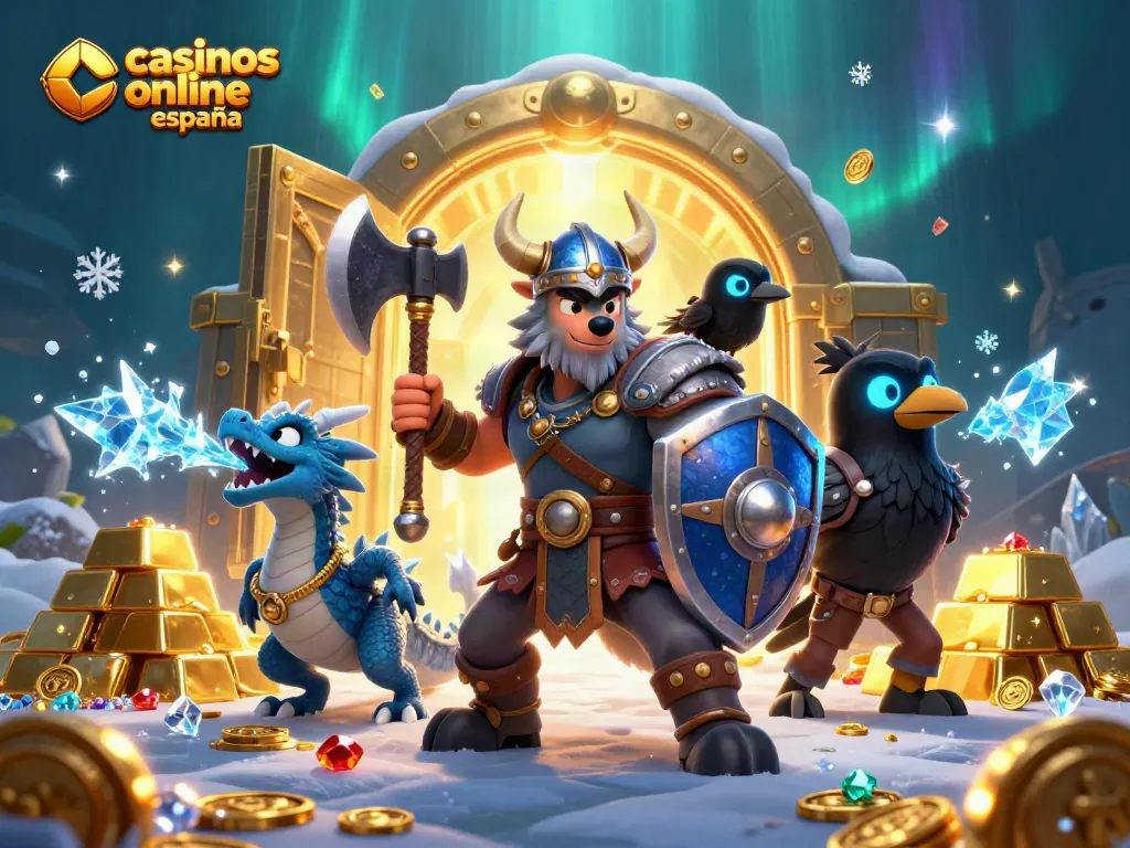 Disfruta de los mejores casinos online en España con héroes y tesoros en esta ilustración vibrante.