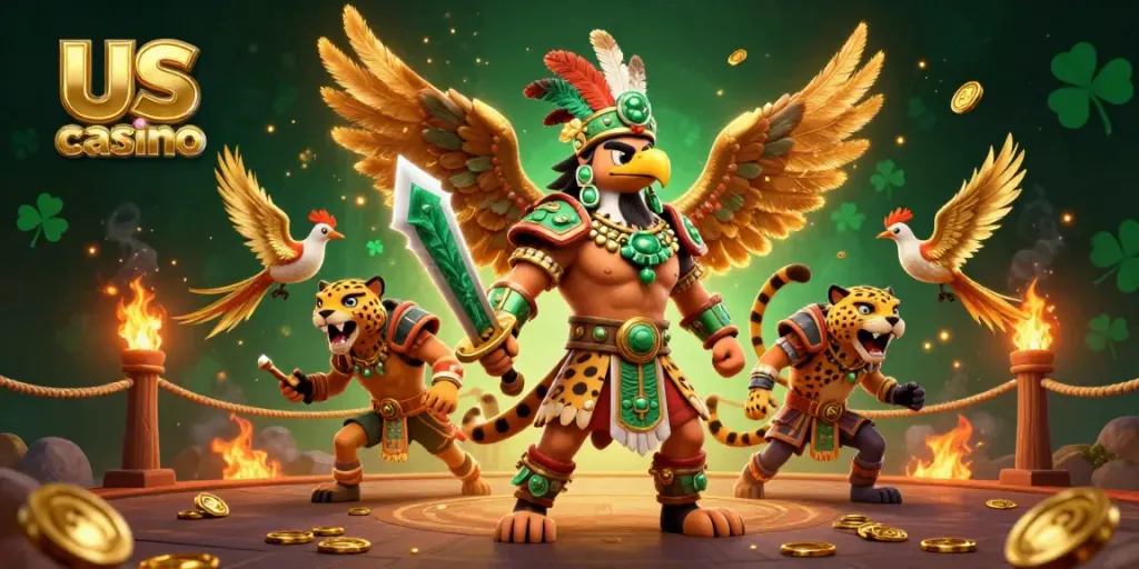 Experience adventure in a vibrant us online casino scene with Aztec warriors and gold coins.