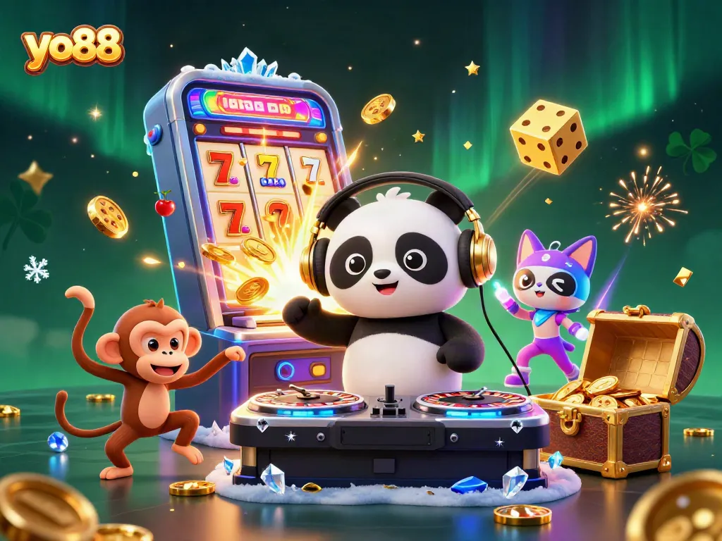 Experience the lively yo88 casino vibes with DJ panda and friends amidst a jackpot explosion.