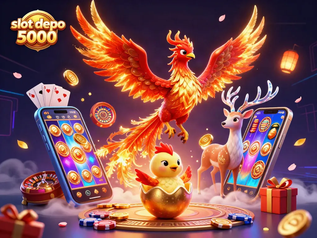 Engage in thrilling gameplay at slot depo 5000 with a stunning 3D phoenix scene showcasing vibrant slot games and golden coins.