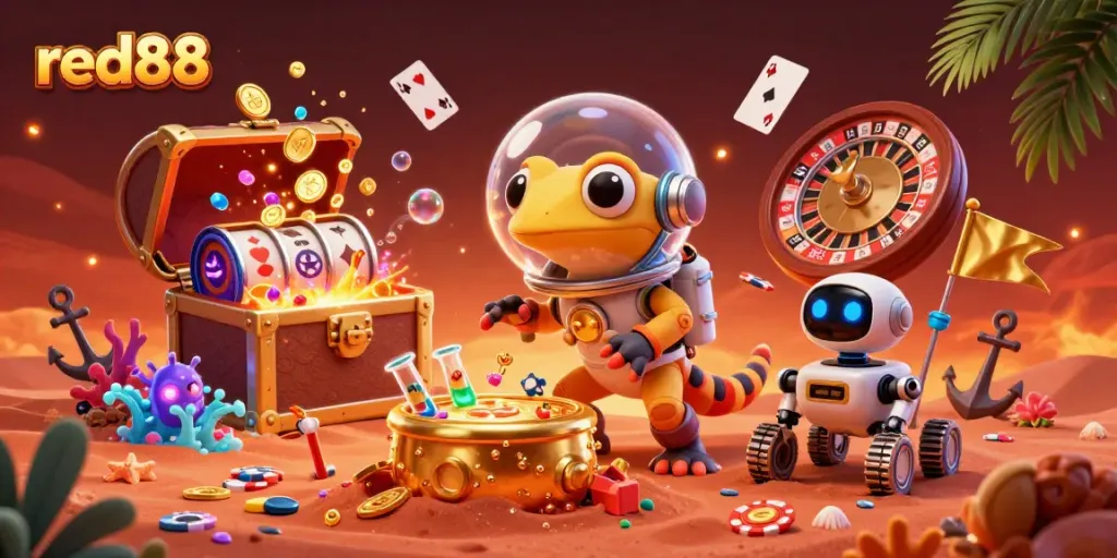 Experience the thrill of red88 with a vibrant cosmic casino scene featuring cartoon characters and striking game elements.