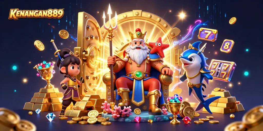 KENANGAN889 features slot reels and treasures in a vibrant 3D casino scene showcasing glittering riches.