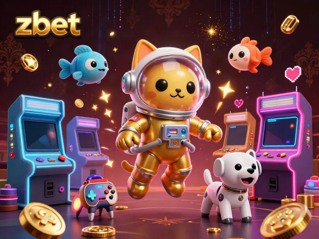 Experience thrilling gaming excitement with zbet's colorful 3D arcade scene and interactive characters.