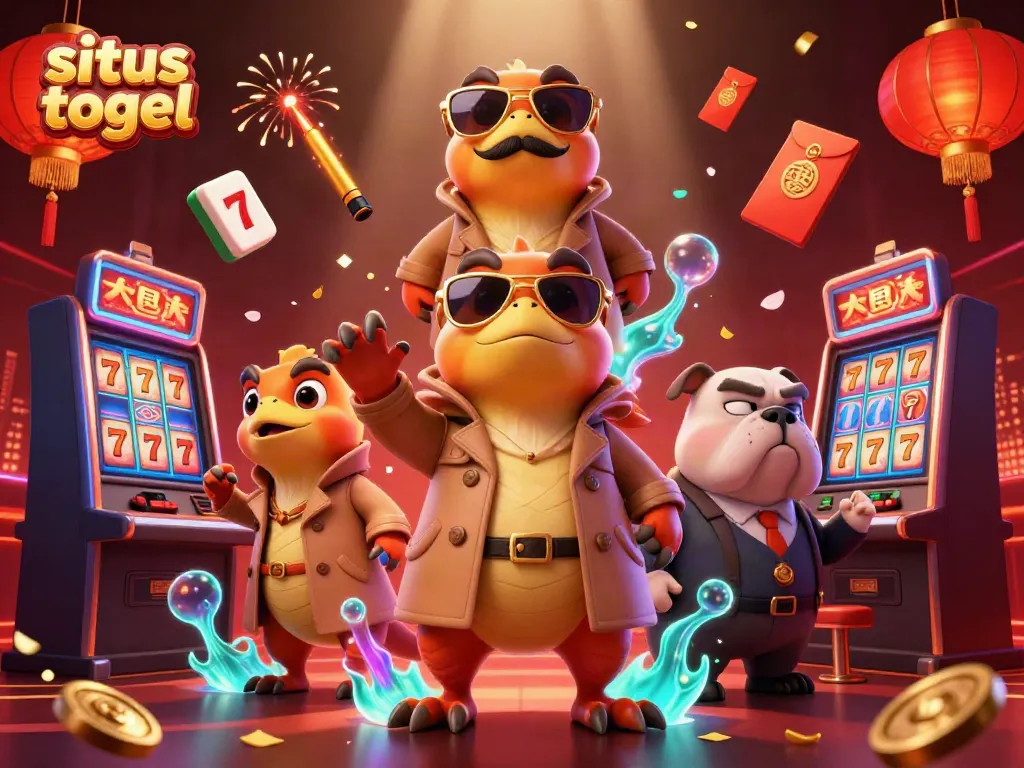 Experience excitement with situs togel in a vibrant casino scene featuring raptors in a trench coat.