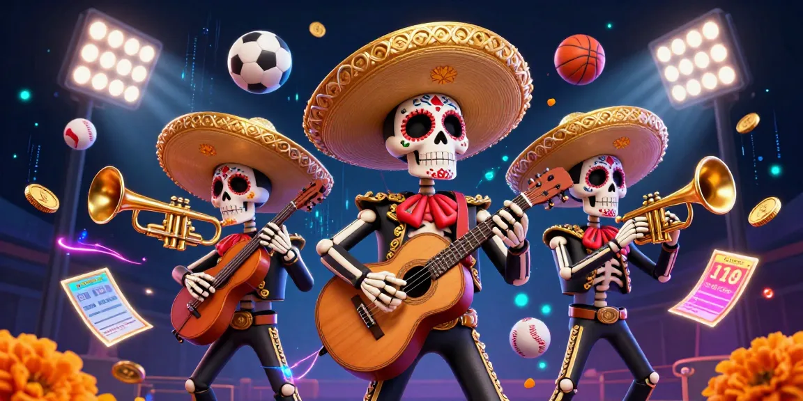 Ignite your betting experience with 98win's vibrant scene of a mariachi band amidst dynamic sports elements.