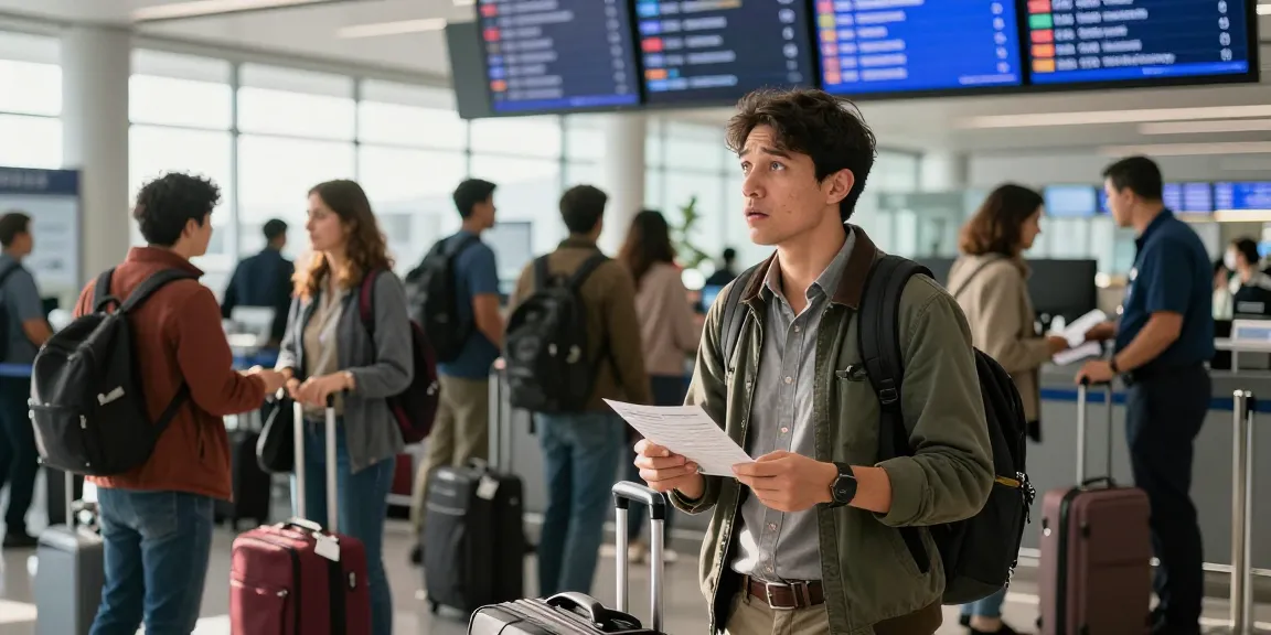 Traveler checking legal requirements before flying according to legal experts at a busy airport.