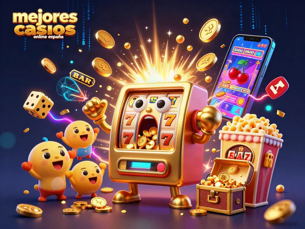 Ilustración de los mejores casinos online España con un tragamonedas dorado sorprendido y emocionantes símbolos de casino.