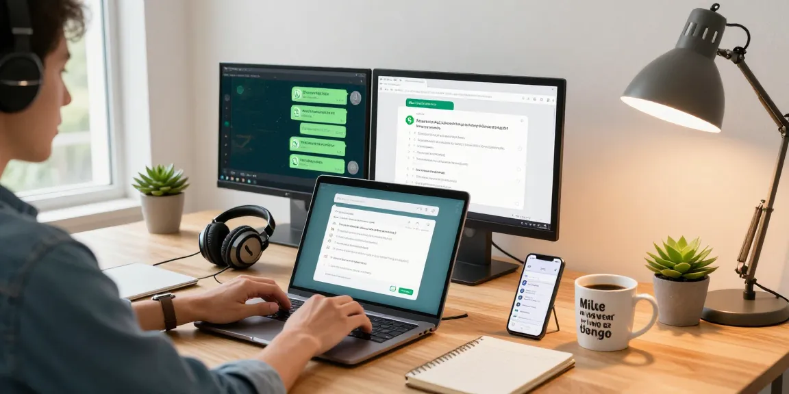 Person in a modern home office using WhatsApp電腦版 on laptop, showcasing productivity and communication.