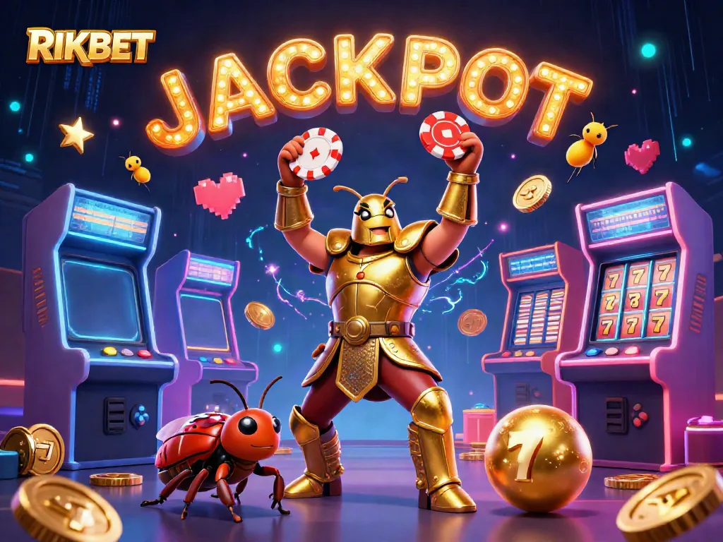 RIKBET jackpot celebration with a heroic beetle and vibrant casino elements creating excitement.