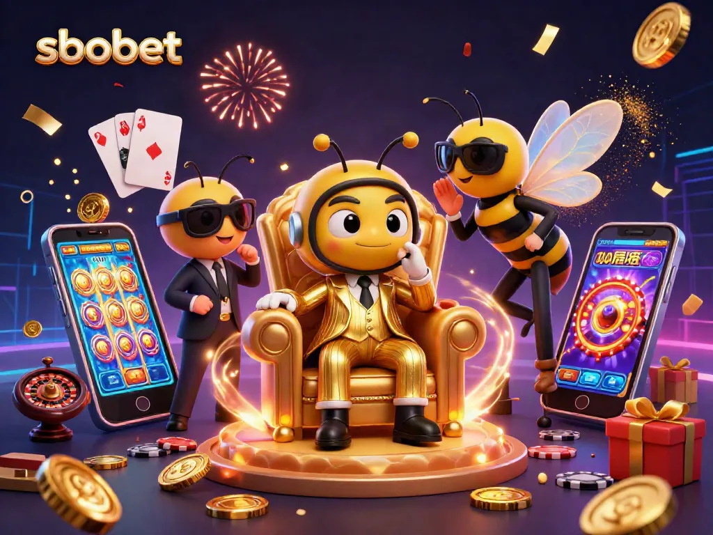 Engage with sbobet for thrilling slot games in a vibrant casino scene illustrated with buzzing characters.