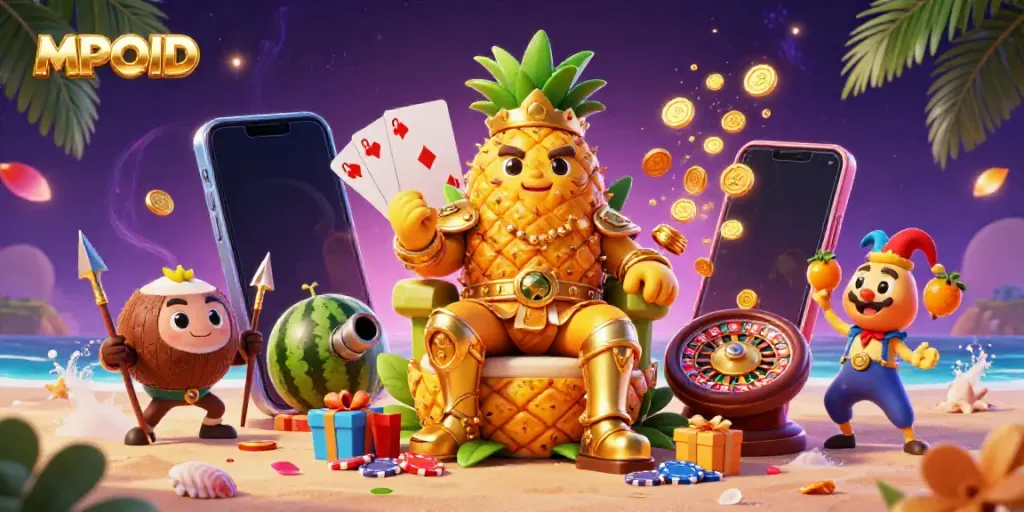 MPOID illustration with a golden pineapple king, coconut bodyguards, and gambling elements in a vibrant casino scene.