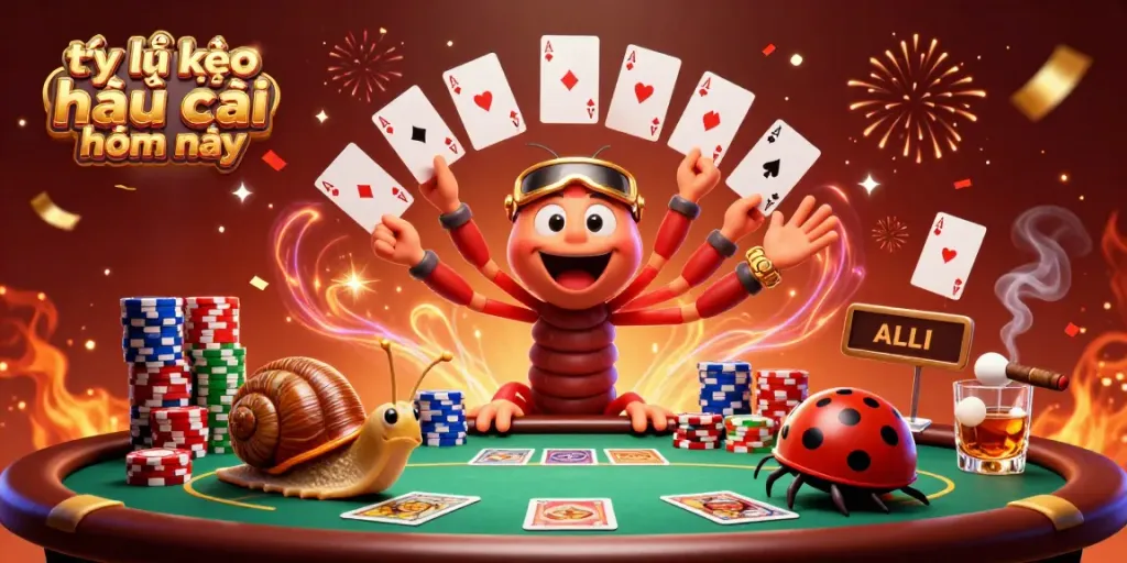 Experience the excitement of tỷ lệ kèo nhà cái hôm nay with our vibrant 3D casino scene featuring colorful characters and dynamic play.