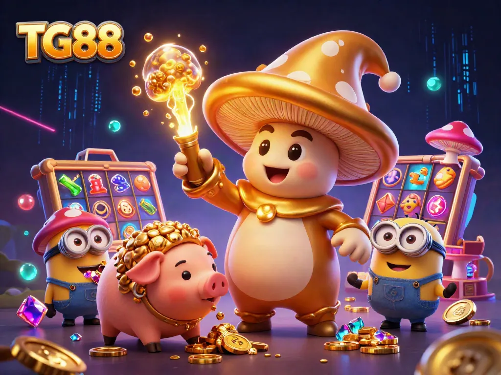 Play slots and win big with TG88's enchanting 3D casino illustration depicting magical treasures.