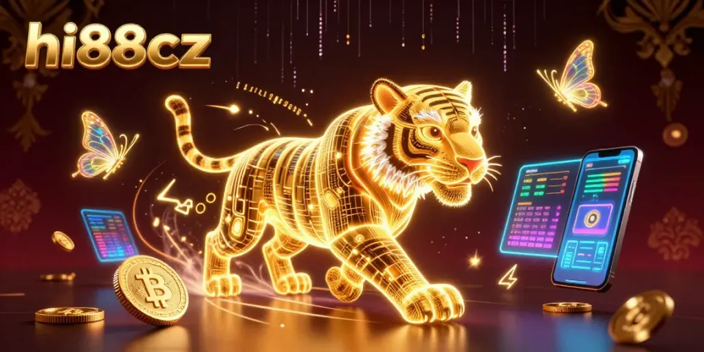 Engage with hi88cz's vibrant gaming scene featuring a neon tiger and crypto coins in an electrifying digital casino.