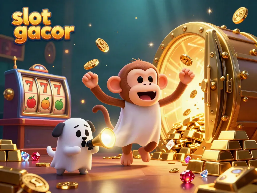 Immerse in the excitement of slot gacor, featuring a playful invisible monkey juggling gold while a curious puppy tracks it.