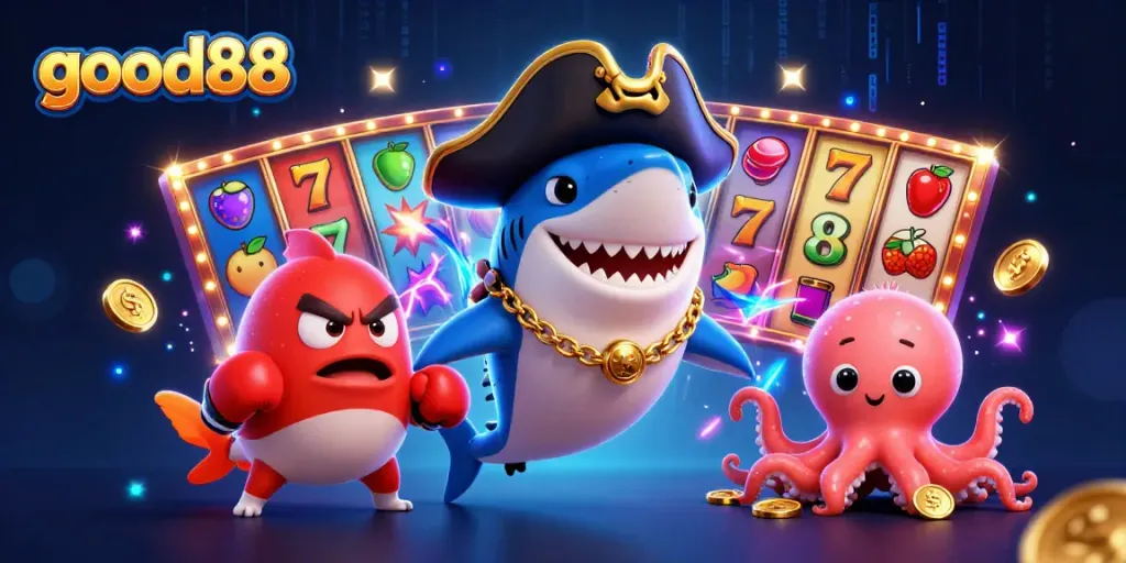 Engage in thrilling slot action with good88's pirate-themed dynamic scene featuring vibrant characters and casino elements.