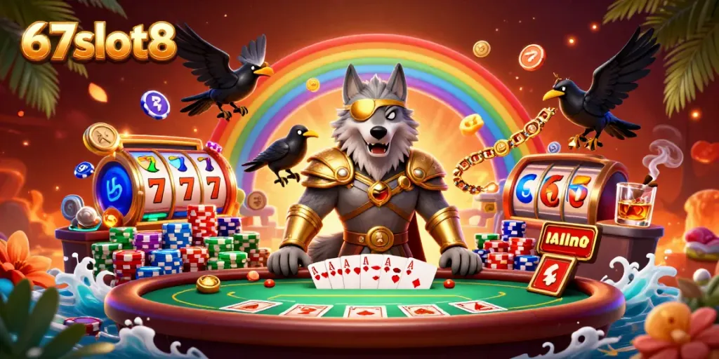Engage with 67slot8's exciting world of online slots featuring Norse mythology-inspired characters and casino elements.