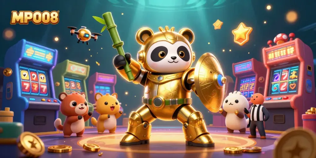 MPO08 brings excitement as a golden panda battles in a dynamic game-themed arena.
