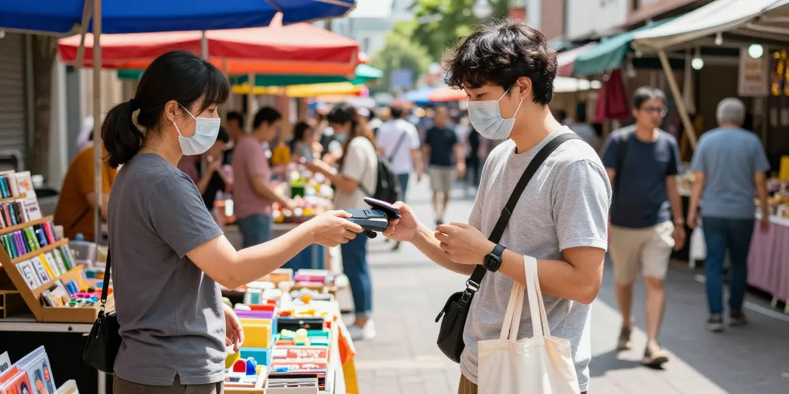 소액결제현금화를 활용하여 스마트폰으로 결제하는 젊은 성인과 번화한 시장의 생동감 있는 모습