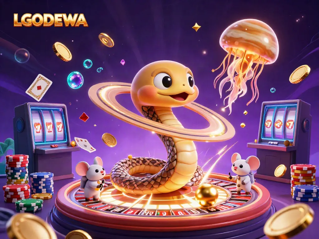 Experience thrilling gameplay with LGODEWA’s vibrant 3D casino illustration showcasing space-themed slots and betting action.