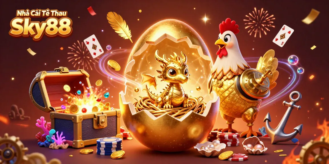 Experience the vibrant energy of Nhà Cái Thể Thao Sky88 with a golden dragon among poker chips.