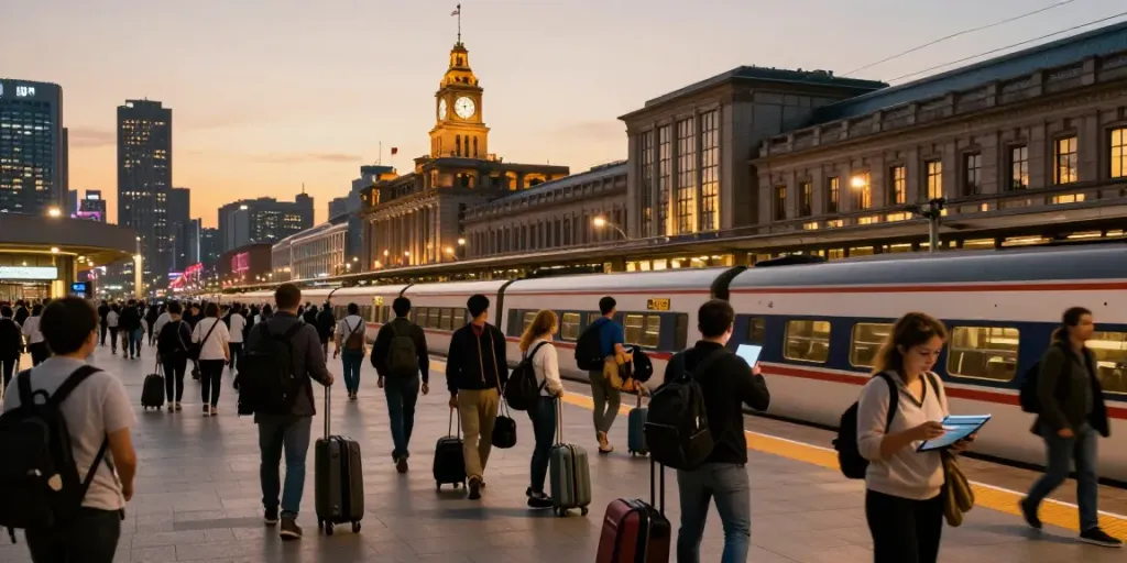 Last minute train tickets guide at a vibrant train station, travelers ready for adventure.