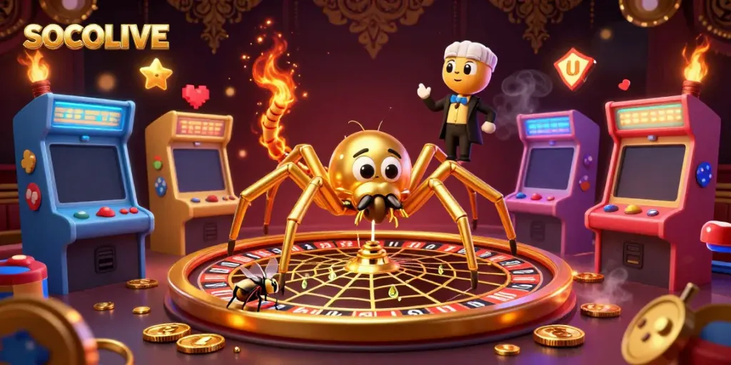 SOCOLIVE features a golden spider as a roulette wheel while a fly places bets and a centipede croupier manages the game.