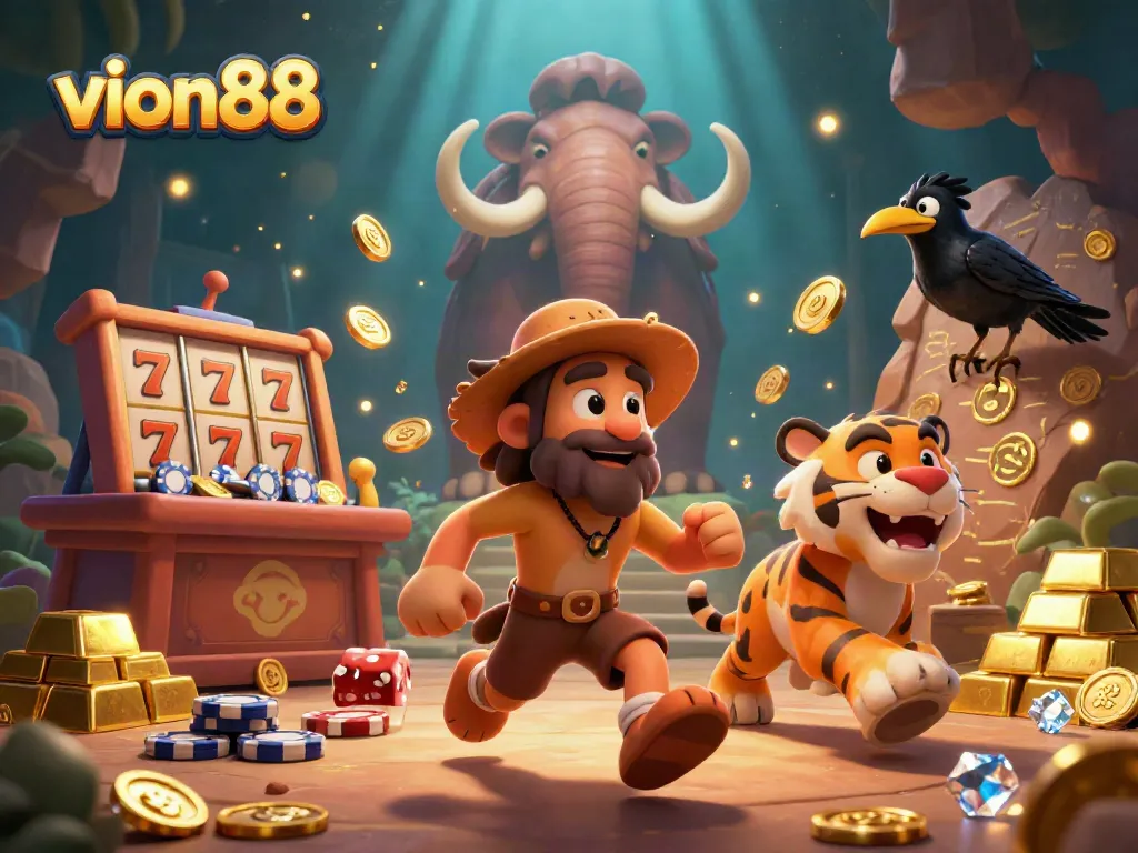 Experience the excitement of vion88 with a dynamic 3D casino scene showcasing vibrant slot reels and playful characters.
